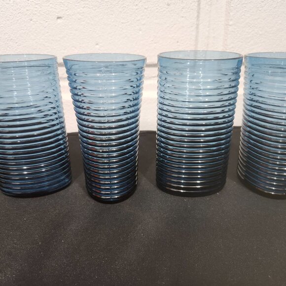 Vintage Set of 6 The Cellar Blue Ribbed Drinking Glasses - Picture 2 of 10